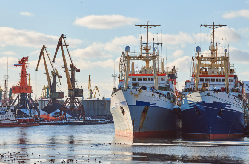 Moored ships and harbor cranes in port